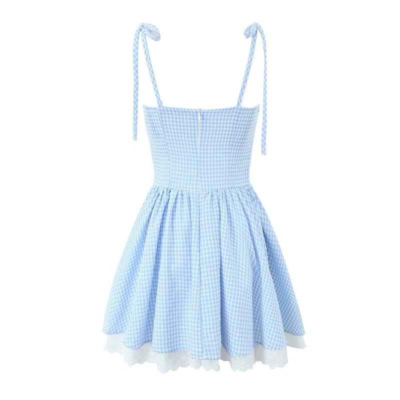Summer Plaid Lace Trim High Waist Dress - Image 2