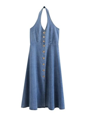 Vintage Halter Denim Maxi Dress for Women