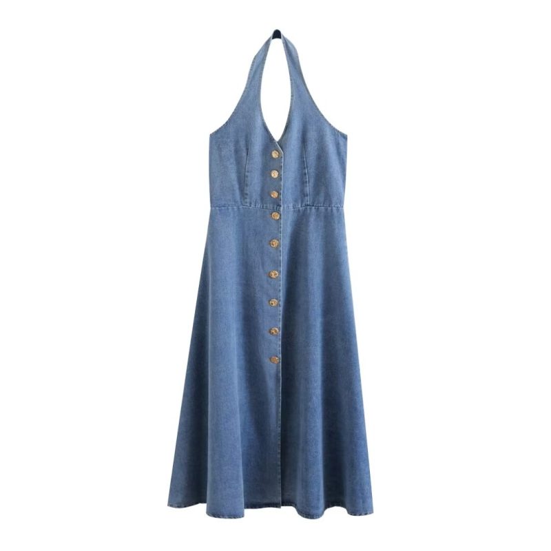 Vintage Halter Denim Maxi Dress for Women