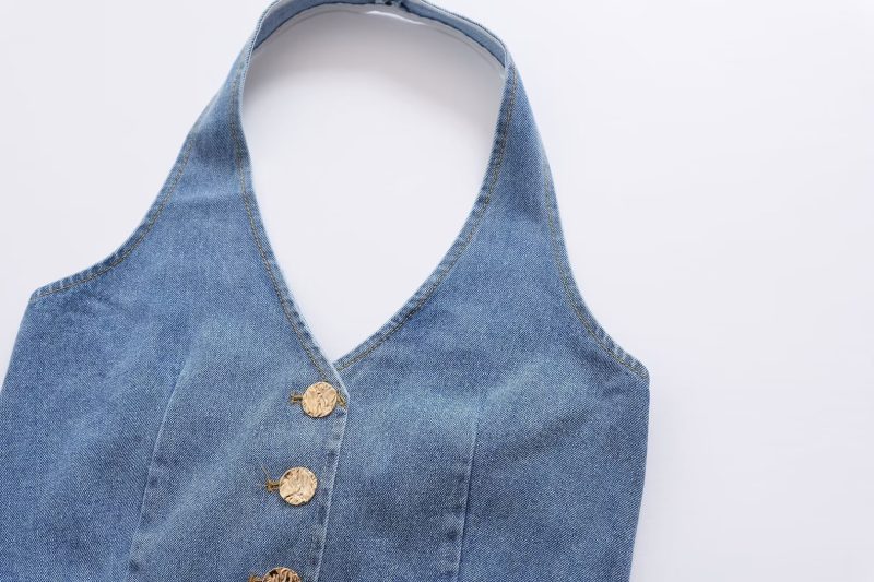 Vintage Halter Denim Maxi Dress for Women - Image 3