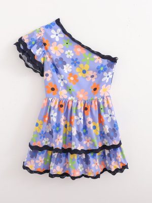 Summer Ribbon Print One-Shoulder Tiered Dress