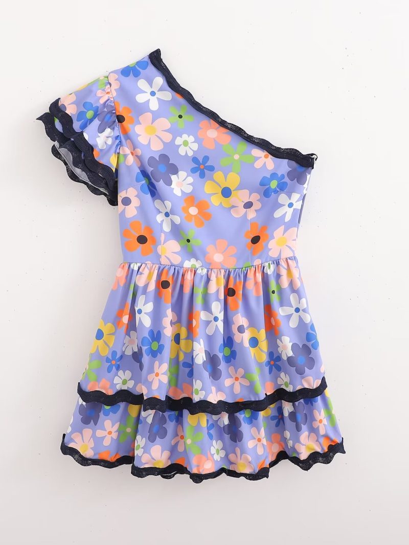Summer Ribbon Print One-Shoulder Tiered Dress