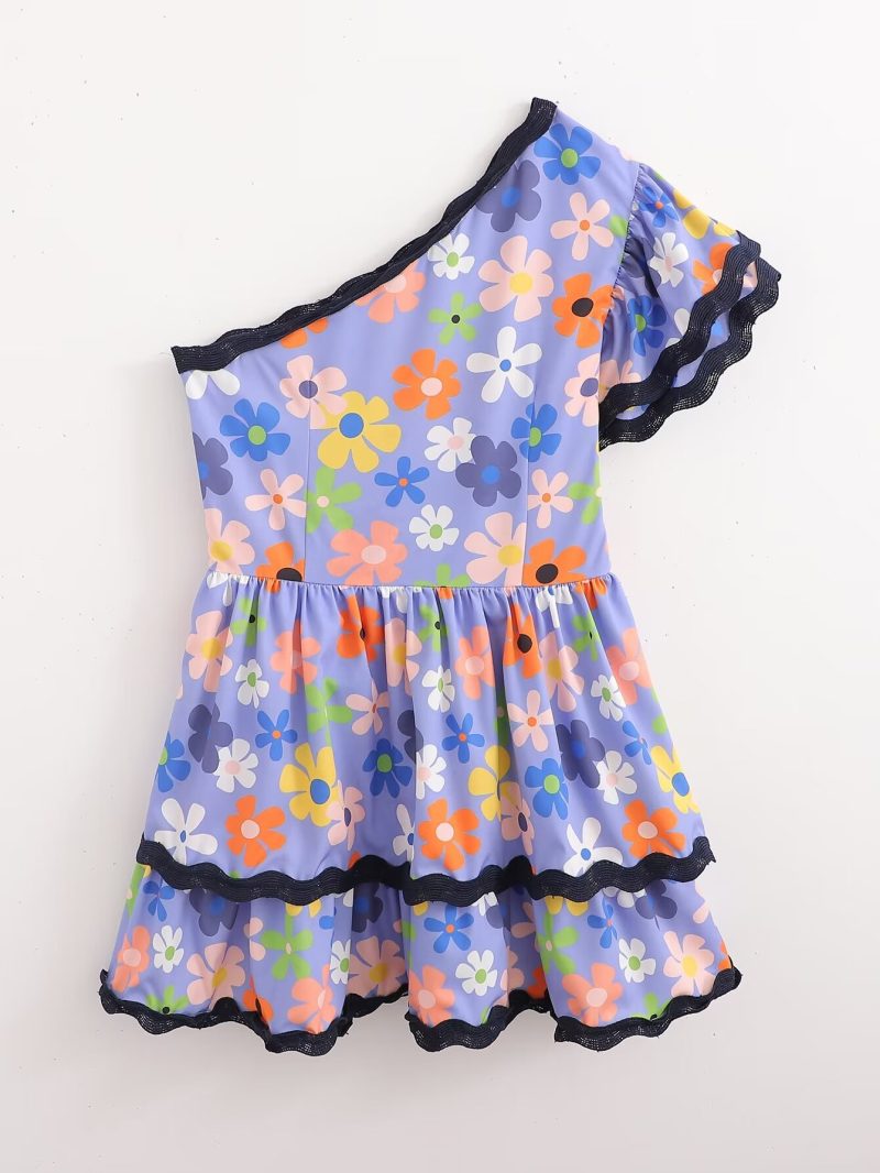 Summer Ribbon Print One-Shoulder Tiered Dress - Image 2
