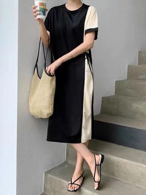 Crewneck Colorblock Knit Dress – Lace-Up Waist