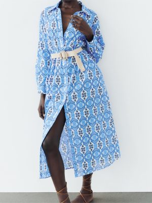 Belted Printed Long Sleeve Shirt Dress Women
