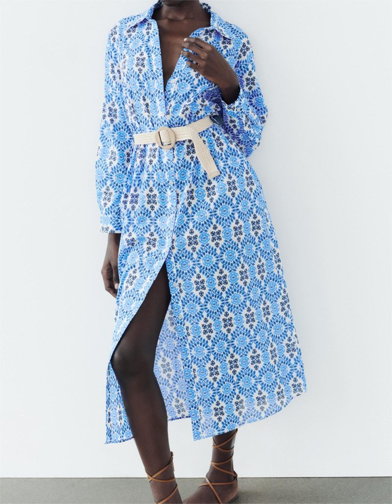 Belted Printed Long Sleeve Shirt Dress Women