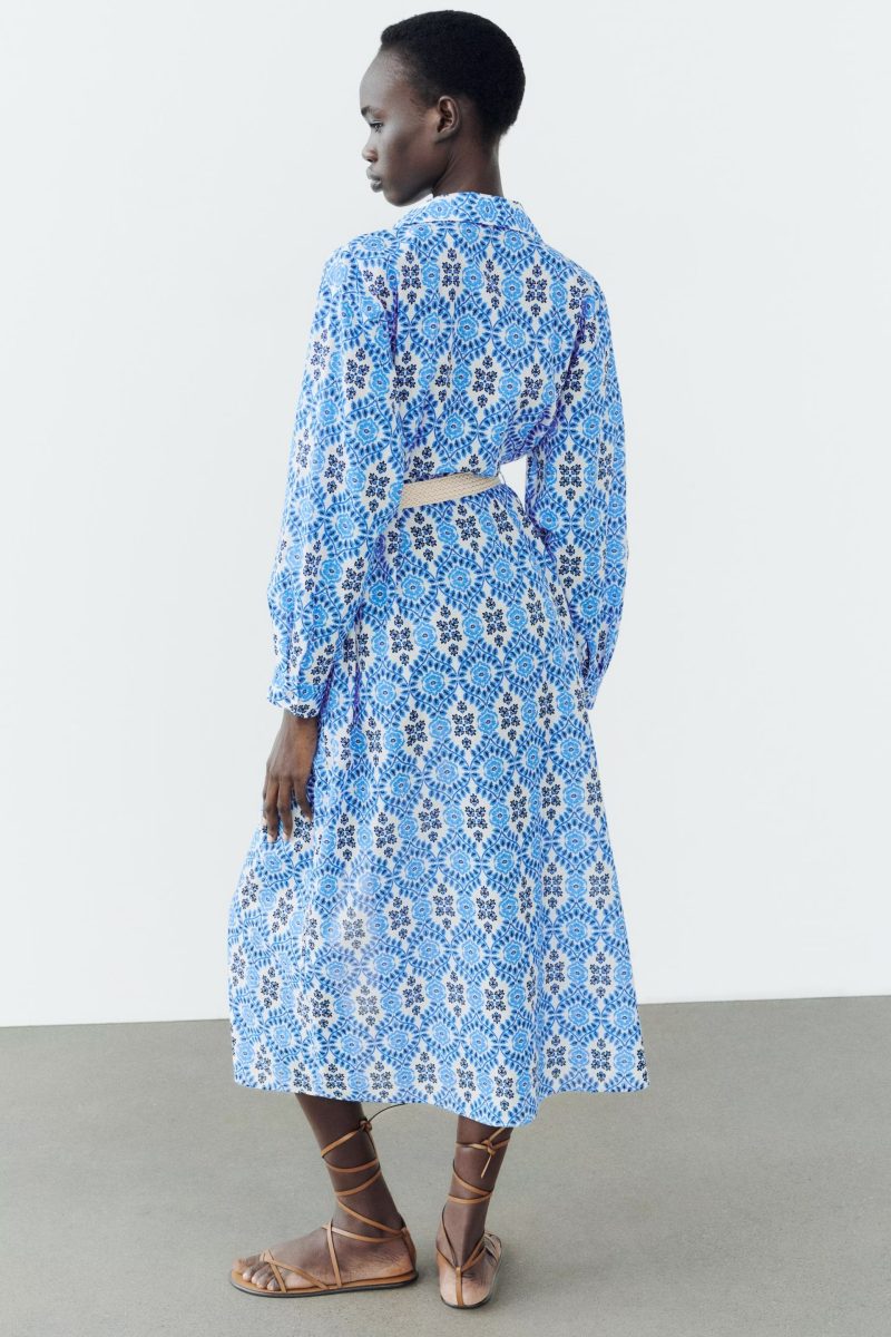 Belted Printed Long Sleeve Shirt Dress Women - Image 2