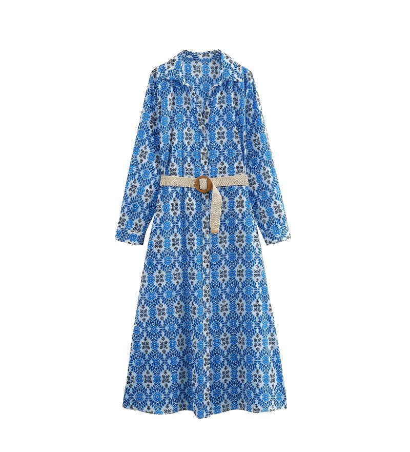 Belted Printed Long Sleeve Shirt Dress Women - Image 3