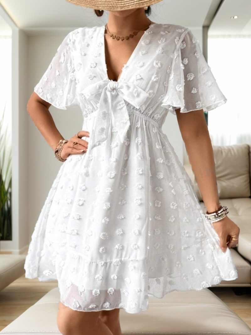Summer V-Neck A-Line Short Sleeve Dress - Image 3