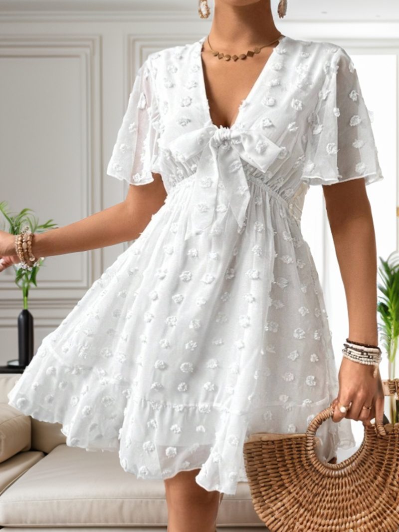 Summer V-Neck A-Line Short Sleeve Dress - Image 4
