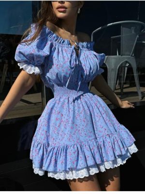 Printed Lace Stitching Dress – Summer Square Neck