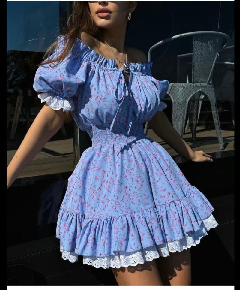 Printed Lace Stitching Dress – Summer Square Neck
