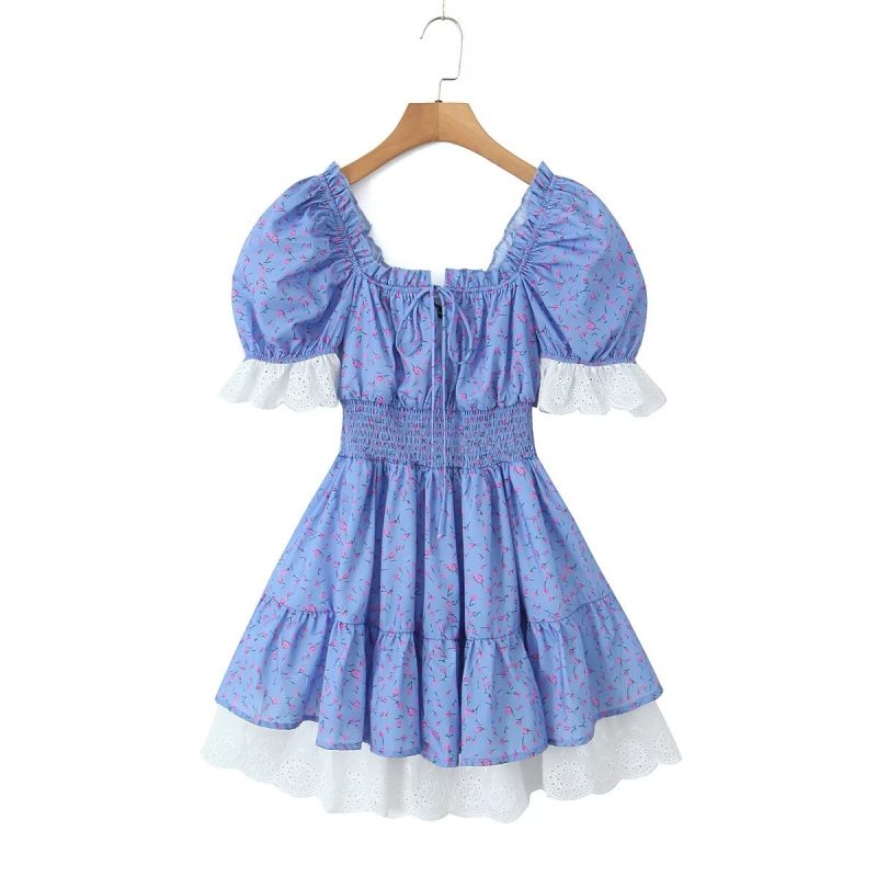 Printed Lace Stitching Dress – Summer Square Neck - Image 2