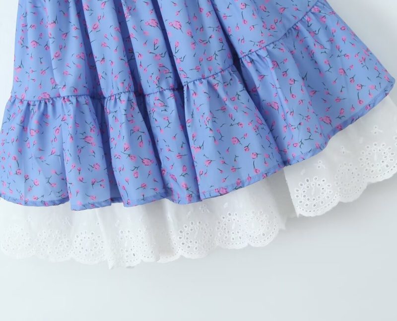 Printed Lace Stitching Dress – Summer Square Neck - Image 3