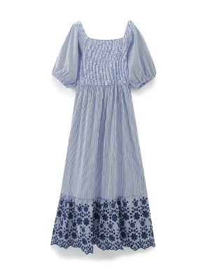 Embroidered Hollowed Striped Short Sleeve Dress Women