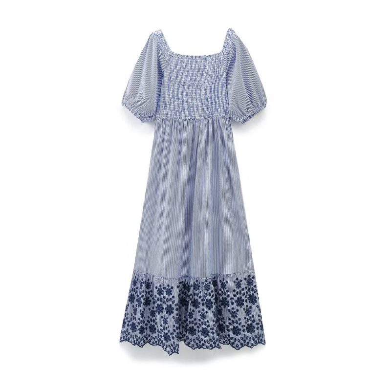 Embroidered Hollowed Striped Short Sleeve Dress Women