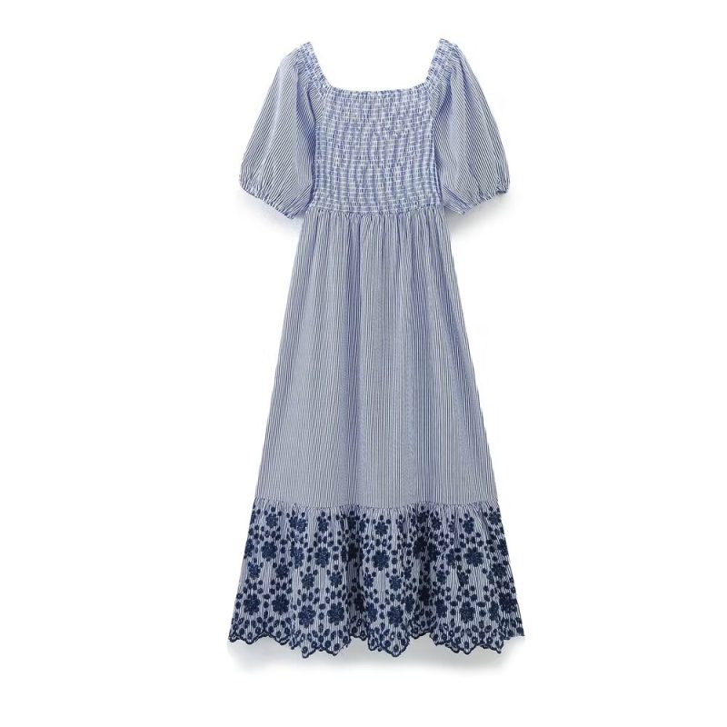 Embroidered Hollowed Striped Short Sleeve Dress Women - Image 2