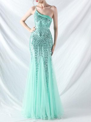 High-End Floral Beaded Sequin Mesh Evening Dress
