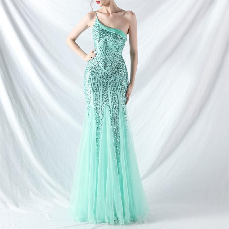High-End Floral Beaded Sequin Mesh Evening Dress