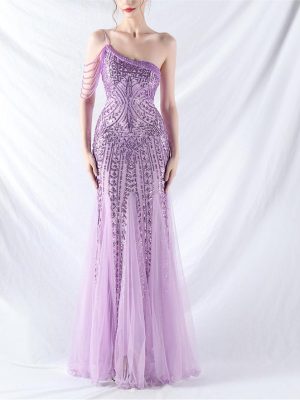 High-End Floral Beaded Sequin Mesh Evening Dress