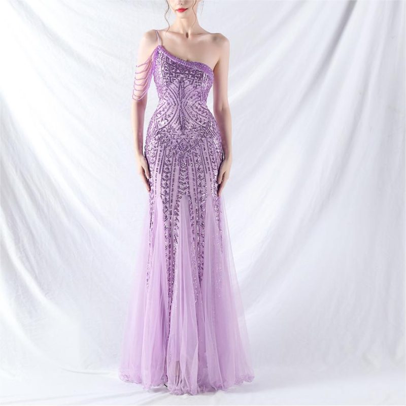 High-End Floral Beaded Sequin Mesh Evening Dress