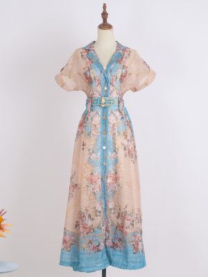 Single-Breasted Printed Midi Dress with Lapel and Belted Waist