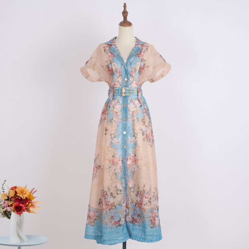 Single-Breasted Printed Midi Dress with Lapel and Belted Waist