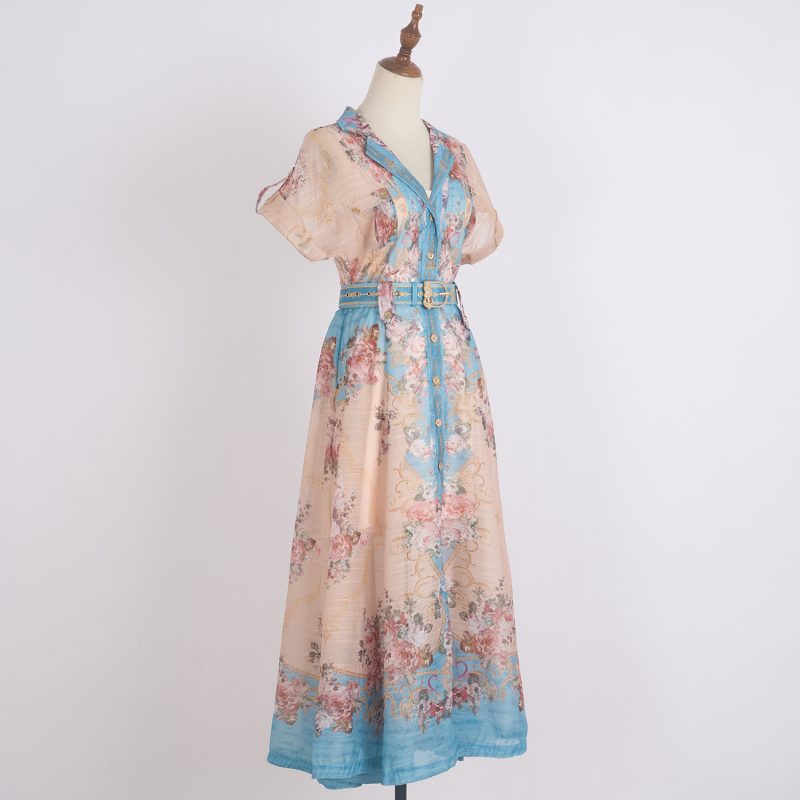 Single-Breasted Printed Midi Dress with Lapel and Belted Waist - Image 2
