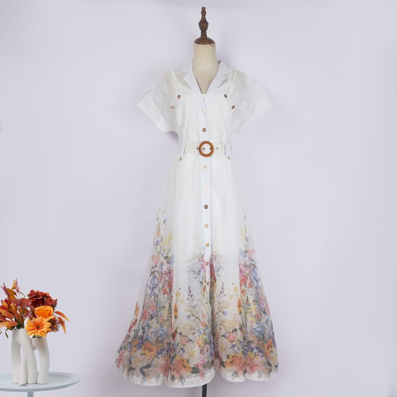 Single-Breasted Printed Midi Dress with Lapel and Belted Waist - Image 4