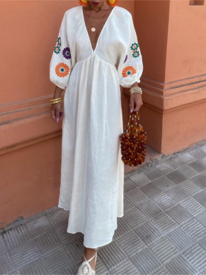 Women Clothing V Neck Printed Long Sleeve Backless Dress