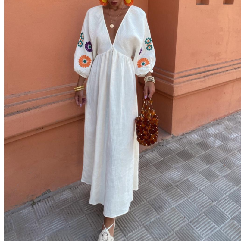 Women Clothing V Neck Printed Long Sleeve Backless Dress