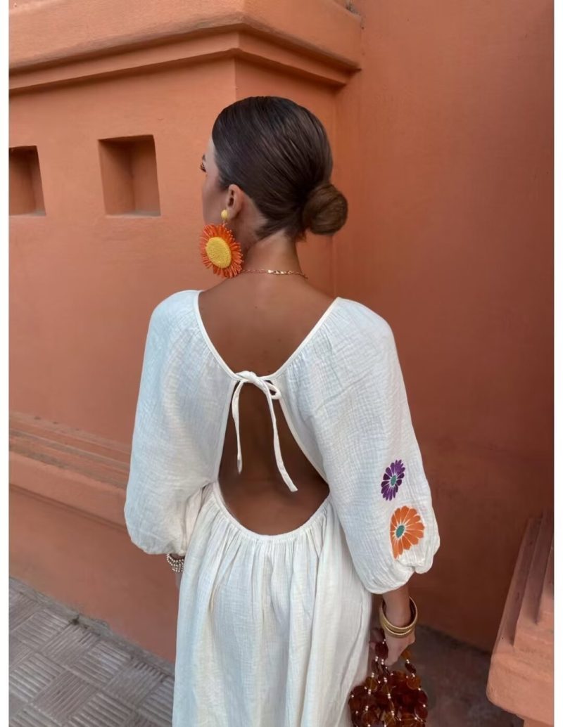 Women Clothing V Neck Printed Long Sleeve Backless Dress - Image 2