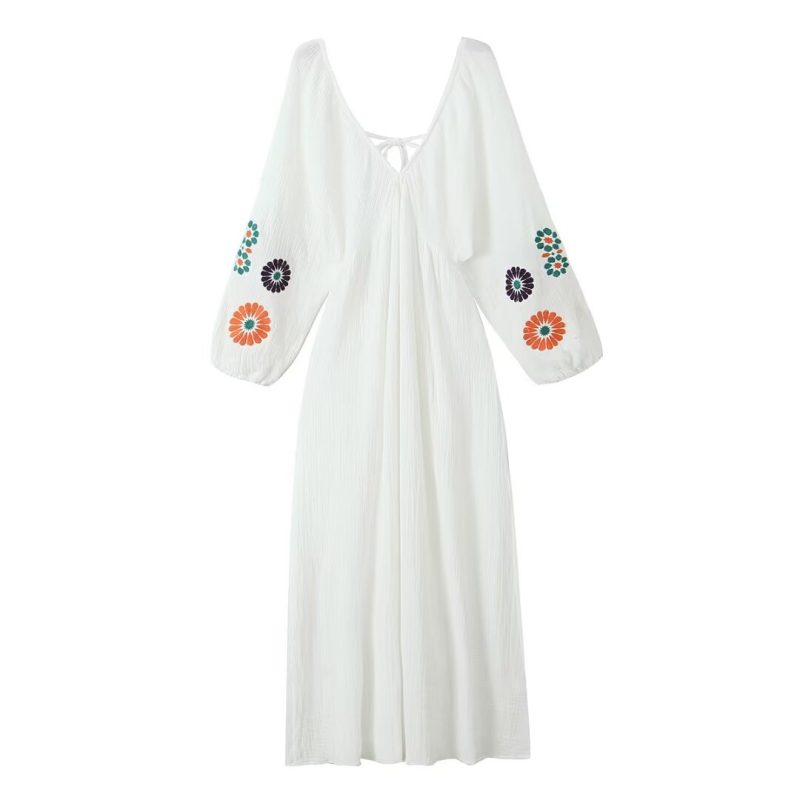 Women Clothing V Neck Printed Long Sleeve Backless Dress - Image 3