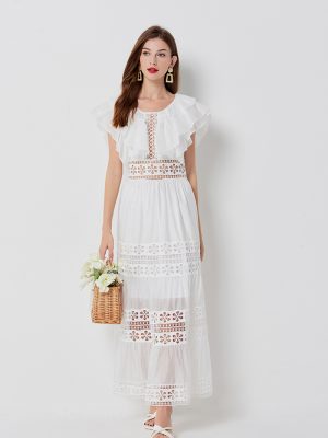 Lace Stitching Cotton Dress with Hollow Sleeves