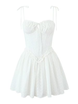 Embroidered Corset Strap Dress with Ruffle Trim