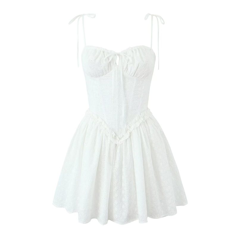 Embroidered Corset Strap Dress with Ruffle Trim