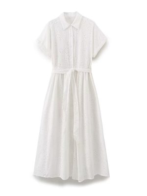 Embroidered Hollow-Out Pleated Long Dress Women