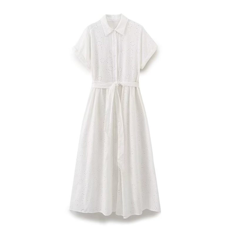 Embroidered Hollow-Out Pleated Long Dress Women