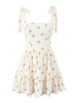 French Strawberry Print Cinched A-Line Dress