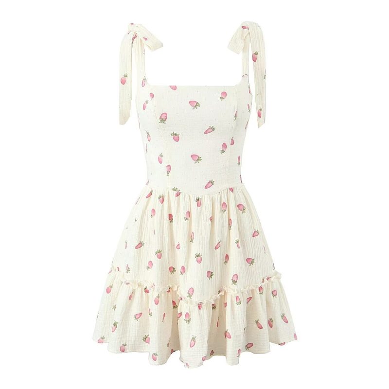 French Strawberry Print Cinched A-Line Dress