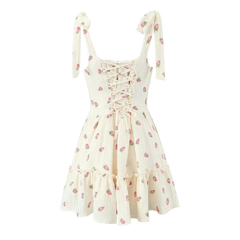 French Strawberry Print Cinched A-Line Dress - Image 2