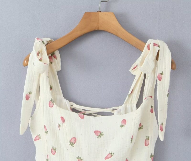French Strawberry Print Cinched A-Line Dress - Image 3
