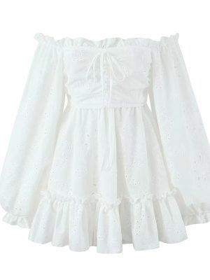 French Embroidered Off-Shoulder Lace-Up Dress