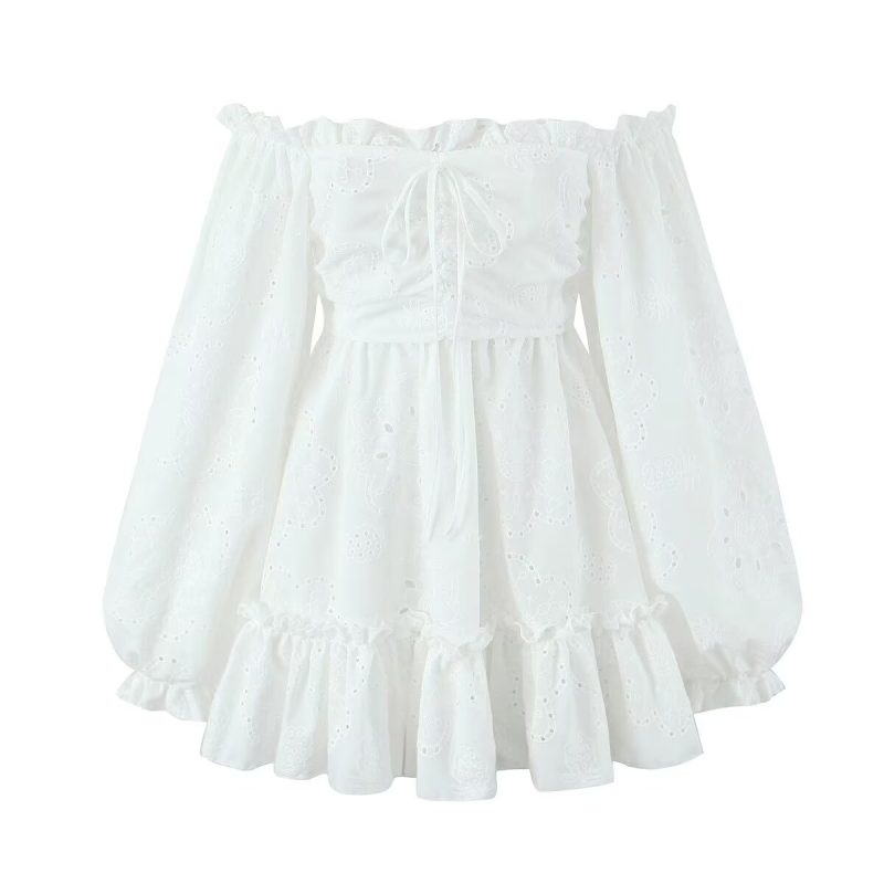 French Embroidered Off-Shoulder Lace-Up Dress