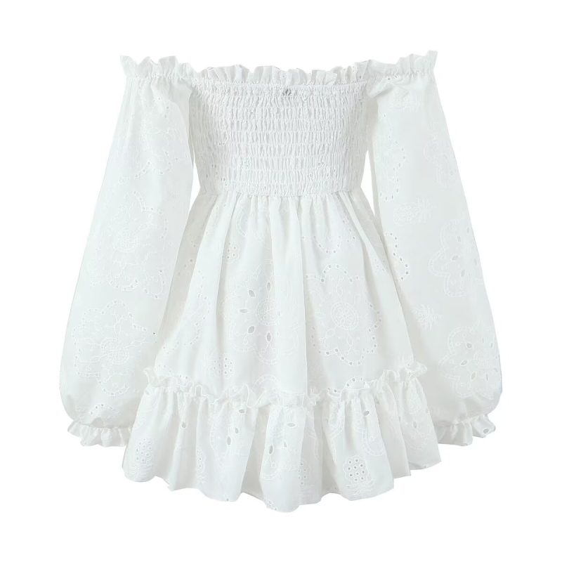 French Embroidered Off-Shoulder Lace-Up Dress - Image 2
