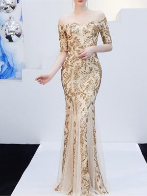 Elegant Champagne Off-Shoulder Fishtail Cocktail Dress