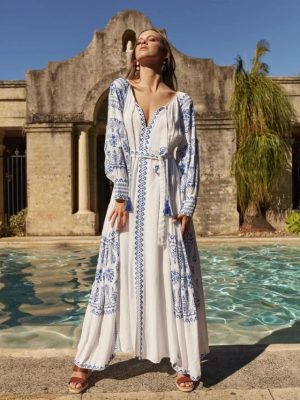 Bohemian Embroidered Tassel Lace-Up Long Dress