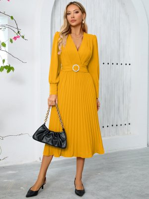 Slim A-Line V-Neck Long Sleeve Dress