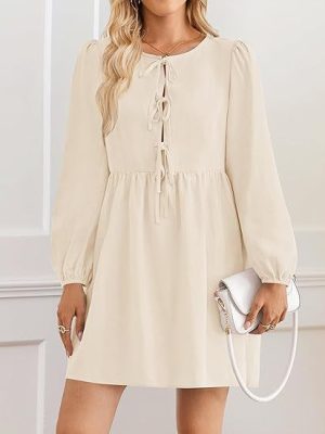 Girls Pleated A-Line Dress – Lace Up Long Sleeve