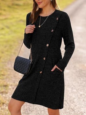 Button Pocket Waist Dress with Long Sleeves